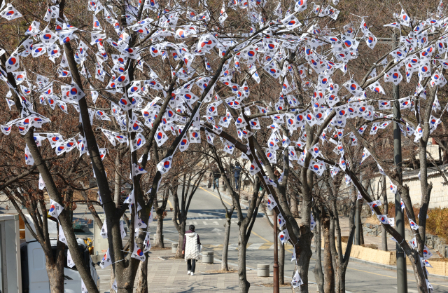 제106주년 3·1절을 이틀 앞둔 27일 서울 용산구 효창공원 앞에 태극기 거리가 조성돼 있다. 연합뉴스