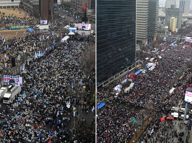 (왼쪽 사진) 삼일절인 1일 서울 종로구 안국역 인근에서 '야5당 공동 내란종식·민주헌정수호를 위한 윤석열 파면 촉구 범국민대회'가 열리고 있다. (오른쪽 사진) 같은 날 서울 종로구 세종대로 일대에서 전광훈 목사가 주도하는 대한민국바로세우기운동본부 주최로 '자유통일을 위한 국민대회'가 열리고 있다. 조태형 기자