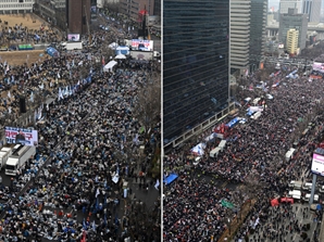 삼일절 둘로 나뉜 도심…尹대통령 탄핵 '찬성과 반대'