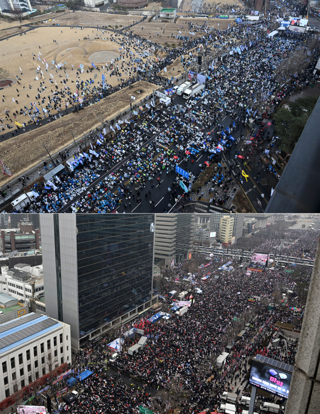 삼일절인 1일 (위 사진)서울 종로구 안국역 인근에서 '야5당 공동 내란종식·민주헌정수호를 위한 윤석열 파면 촉구 범국민대회'가 열리고 있다. (아래 사진) 서울 종로구 세종대로 일대에서 전광훈 목사가 주도하는 대한민국바로세우기운동본부 주최로 '자유통일을 위한 국민대회'가 열리고 있다.