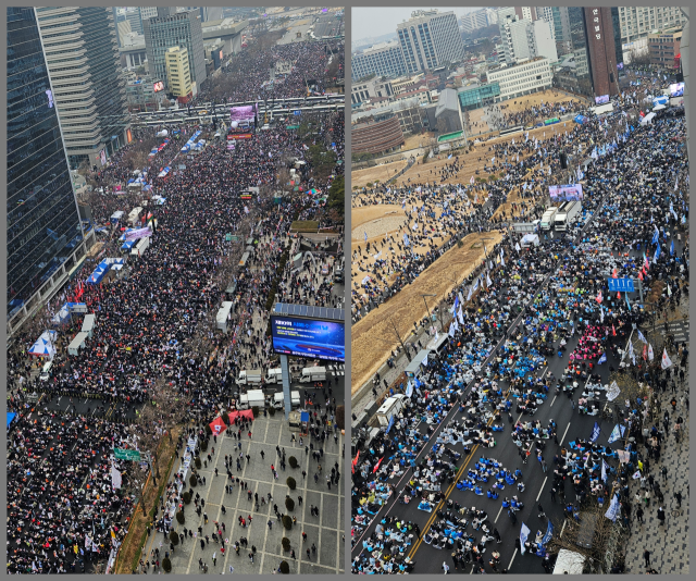 1일 오후 서울 광화문 일대에 모인 보수단체(왼쪽)과 진보단체(오른쪽). 채민석 기자