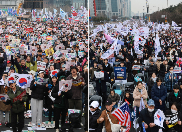 1일 서울 경복궁역 일대에서 윤석열즉각퇴진·사회대개혁 비상행동 주최 범시민 대행진(왼쪽)이, 여의대로에서는 세이브코리아 주최로 윤석열 대통령 탄핵 기각을 촉구하는 ‘3·1절 국가비상기도회’가 각각 열리고 있다. 연합뉴스