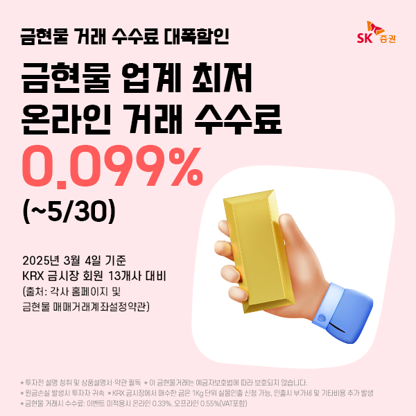 SK증권, 금현물 거래 온라인 수수료 0.099%로 인하