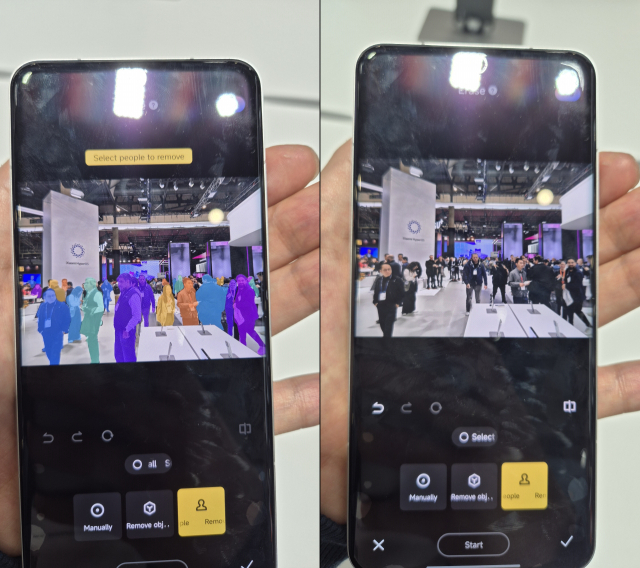 샤오미15 울트라의 인물 제거 기능 사용 전후. AI가 개개인을 인식하고 특정 인물만 선택해 지울 수 있으며 뒷사람의 가려진 팔다리 같은 신체도 그럴듯하게 복원해내는 모습이다. 김윤수 기자