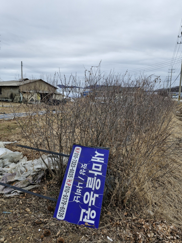 지난 5일 용인시 처인구 남사읍 남사화훼단지에서 폐업한 한 화훼농가의 안내판이 뒹굴고 있다. 사진 = 손대선 기자