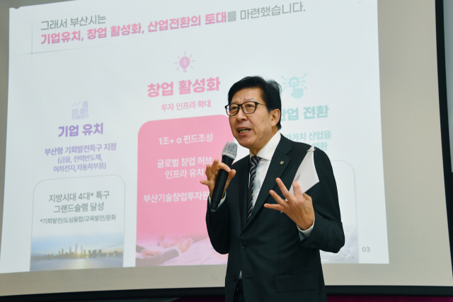 박형준 부산시장이 6일 부산시티호텔에서 열린 ‘부산 벤처투자 활성화 간담회’에서 지역 벤처투자 미래 비전을 제시하고 있다. 사진제공=부산시