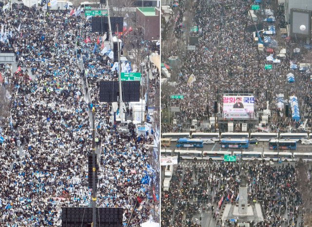 삼일절인 1일 서울 곳곳에서 윤석열 대통령 탄핵 찬반 집회가 열렸다. 안국동 사거리에서 더불어민주당을 비롯한 야 5당이 탄핵 촉구 집회를(왼쪽), 세종대로에서 대한민국바로세우기국민운동본부 탄핵 반대 집회를 개최했다. 연합뉴스