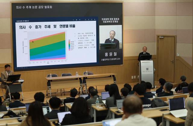 홍윤철 서울대학교 의과대학 교수가 10일 서울 종로구 서울대병원 의과대학에서 열린 '의사 수 추계 논문 공모 발표회'에서 의사 수 증가 추세 및 연령별 비율에 대해 설명하고 있다. 연합뉴스