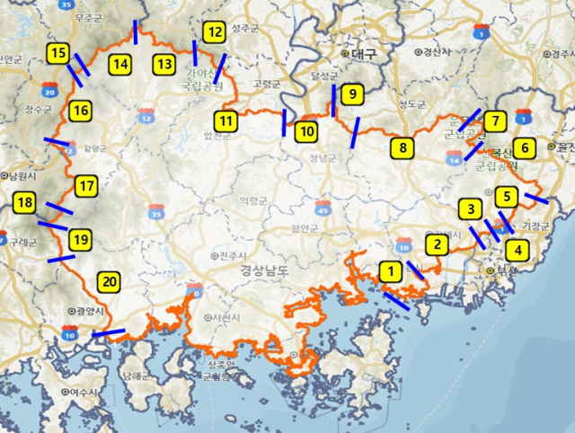 경남도가 전국 최초로 추진할 광역 시도 간 지적도 경계 정비사업 구역 현황. 사진 제공=경남도