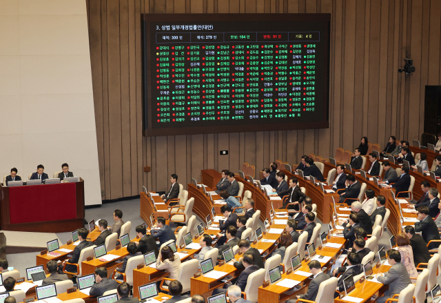 13일 국회 본회의에서 더불어민주당이 당론으로 발의한 상법 개정안이 국민의힘의 반대에도 통과되고 있다. 연합뉴스