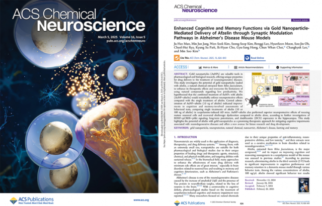 경기도경제과학진흥원과 한국과학기술연구원 공동연구팀이 천연물과 금 나노 기술을 결합해 알츠하이머 치료 효과를 입증하는 연구결과가 국제 학술지 ‘ACS 케미컬 뉴로사이언스(ACS Chemical Neuroscience)’ 3월호 표지논문에 실렸다. 사진 제공=경과원