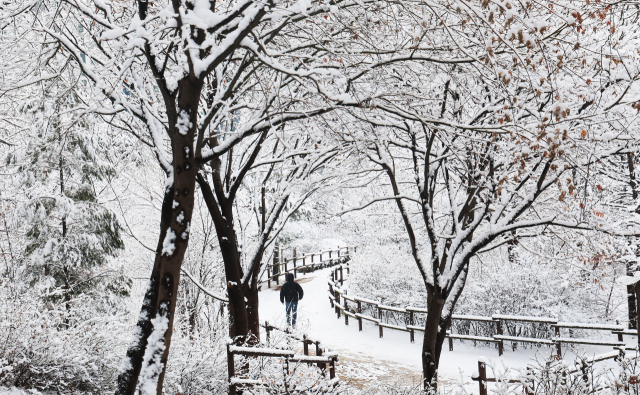 18일 경기도 수원시 한 공원에서 시민이 눈 쌓인 산책로를 걷고 있다. 연합뉴스