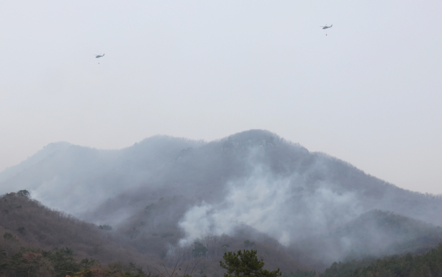 울산시 울주군 온양읍 산불 사흘째인 24일 진화 작업에 동원된 헬기가 물을 뿌리려 날아가고 있다. 연합뉴스