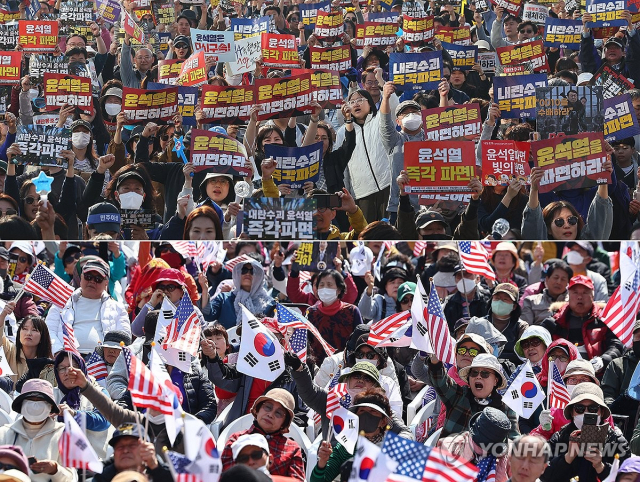 지난 22일 서울 시내에서 윤석열 대통령 탄핵 찬반집회가 열리고 있다. 위쪽은 종로구 동십자각 앞에서 열린 윤석열 즉각퇴진·사회대개혁 16차 범시민대행진, 아래쪽은 중구 세종대로에서 열린 대한민국바로세우기운동본부 윤석열 대통령 탄핵반대 광화문국민대회. 연합뉴스