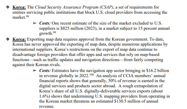 미 컴퓨터통신산업협회(CCIA)가 무역대표부(USTR)에 불공정 무역 관행으로 제출한 의견서 중 한국관련 부분 캡쳐. 자료=CCIA, USTR