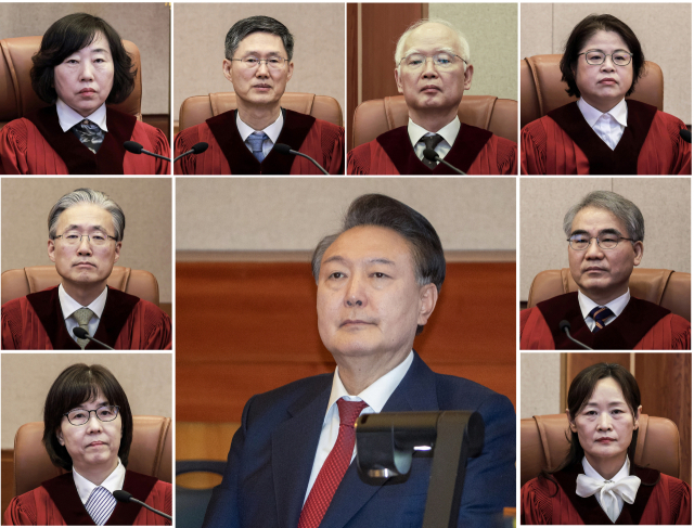 사진 윗줄 왼쪽부터 시계방향으로 헌법재판소 대심판정에 앉은 정계선, 문형배, 정형식, 김복형, 조한창, 정정미 헌법재판관, 윤 대통령, 이미선, 김형두 헌법재판관. 연합뉴스