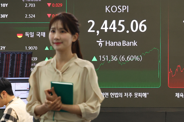 10일 서울 중구 하나은행 본점 딜링룸 현황판에 코스피가 표시돼 있다. 연합뉴스