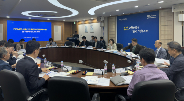 지난달 30일 전남도청 정약용실에서 ‘식품산업 육성 추진 전략 수립을 위한 연구용역’ 중간 보고회가 열렸다. 이날 2030년 식품산업 21조 원 규모 목표 달성을 위한 추진계획의 보완점과 추가 대안 등이 중점 논의됐다. 사진 제공=전라남도
