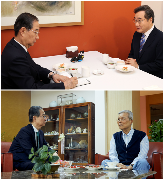 한덕수 후보는 6일 이낙연(위 사진 오른쪽) 상임고문, 김종인(아래 사진 오른쪽) 전 위원장 등을 잇따라 만나 개헌 연대, 단일화 방향 등을 논의했다. 국회사진기자단(위)·서울경제DB(아래)