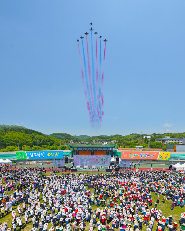 지난 2일 보성공설운동장에서 열린 ‘제48회 보성군민의 날’과 ‘보성통합대축제’ 개막식에는 군민, 관광객, 청년·청소년 등 총 1만 5000여 명이 운집해 장관을 이뤘다. 축제는 블랙이글스의 축하 에어쇼로 힘차게 막을 올렸다. 사진 제공=보성군
