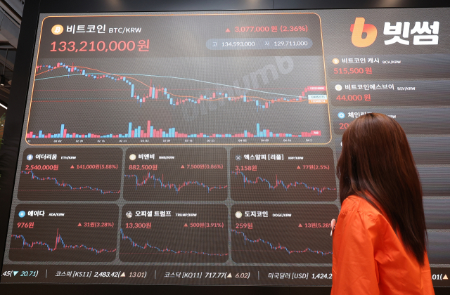 4월 23일 서울 서초구 빗썸라운지 전광판에 비트코인 가격이 표시돼 있다. 연합뉴스
