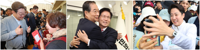 제21대 대통령선거 공식 선거운동 시작을 하루 앞둔 11일 남도문화벨트 골목골목 경청투어에 나선 더불어민주당 이재명(왼쪽부터) 대선 후보, 한덕수 전 국무총리와 만나 포옹하고 있는 국민의힘 김문수 대선 후보, 다이아몬드브릿지 걷기축제에 참가해 시민들과 기념촬영하는 개혁신당 이준석 대선 후보의 모습. 연합뉴스
