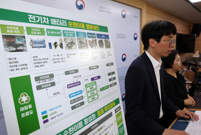 배정한 환경부 이차전지순환이용지원단 부단장이 13일 정부세종청사 환경부 기자실에서 배터리 순환이용 활성화 방안에 관해 설명하고 있다. 연합뉴스