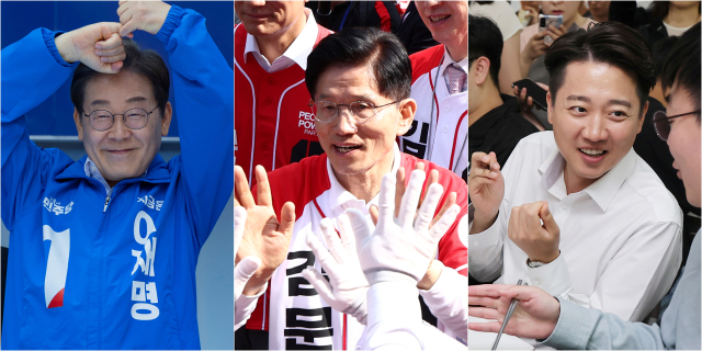 14일 더불어민주당 이재명 대선 후보(사진 왼쪽부터)가 부산진구 서면에서, 국민의힘 김문수 대선 후보가 경남 진주시 진주광미사거리에서, 개혁신당 이준석 대선 후보가 부산 금정구 부산대학교에서 시민들과 소통하고 있다. 연합뉴스