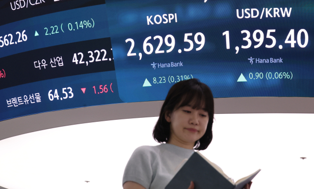 이달 16일 오전 서울 중구 하나은행 본점 딜링룸 현황판에 코스피, 원·달러 환율이 표시돼 있다. 이날 코스피는 반등하며 2630선 회복을 시도 중이다. 연합뉴스