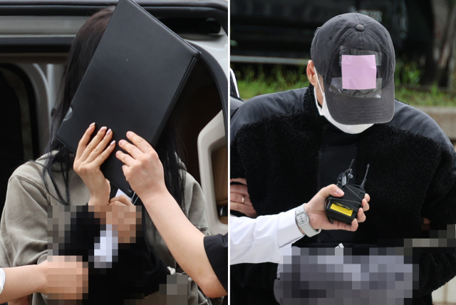 축구 국가대표팀 주장 손흥민의 아이를 임신했다고 주장하며 손씨에게 돈을 뜯어내려 한 20대 여성 양모(왼쪽)씨와 40대 남성 용모씨가 17일 영장실질심사를 받기 위해 서울중앙지법에 들어서고 있다. 연합뉴스