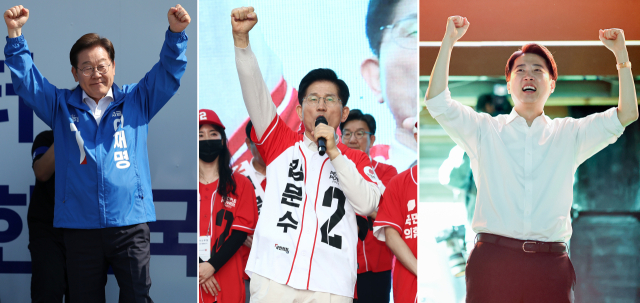 제21대 대통령 선거 공식 선거운동 첫날인 12일 이재명(왼쪽부터) 더불어민주당·김문수 국민의힘·이준석 개혁신당 대선 후보가 선거운동을 하고 있다.연합뉴스