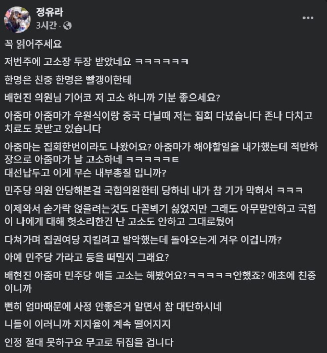 정유라 '국힘 싹 갈아엎어야' 무슨 일? 배현진 의원에게 고소까지 당했다는데