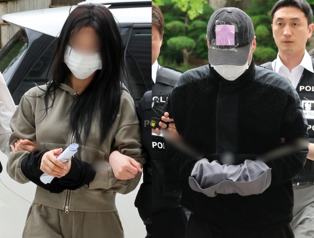 공갈 혐의를 받고 있는 양씨(왼쪽, 20대 여성)와 윤씨(40대 남성)가 17일 서초구 서울중앙지방법원에서 열린 구속 전 피의자심문(영장심사)에 출석하고 있다. 뉴스1