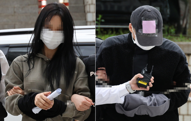축구 국가대표팀 주장 손흥민의 아이를 임신했다고 주장하며 손씨에게 돈을 뜯어내려 한 20대 여성 양모씨(왼쪽)와 40대 남성 용모씨가 이달 17일 영장실질심사를 받기 위해 서울중앙지법에 들어서고 있다. 연합뉴스