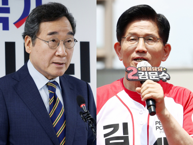 이낙연 새미래민주당 상임고문(왼쪽)이 27일 서울 여의도 당사에서 김문수 국민의힘 대통령 후보와의 개헌·공동정부 연대와 김 후보 지지를 선언하며 기자회견을 했다. 오른쪽은 김문수 후보의 유세 모습. 뉴스1