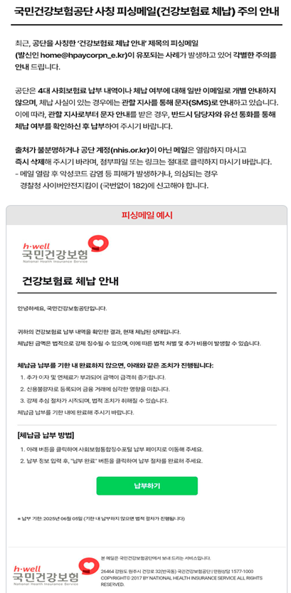 국민건강보험공단 홈페이지에 올라온 사칭 피싱메일 주의 안내문. 메일에 포함된 ‘납부하기’ 버튼을 클릭하면 민감한 정보들이 유출될 수 있다. 사진 제공=건보공단