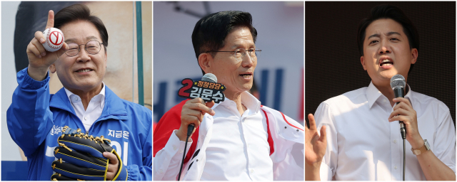 더불어민주당 이재명 대선후보(사진 왼쪽부터), 국민의힘 김문수 대선후보, 개혁신당 이준석 대선후보가 지지를 호소하고 있다. 연합뉴스