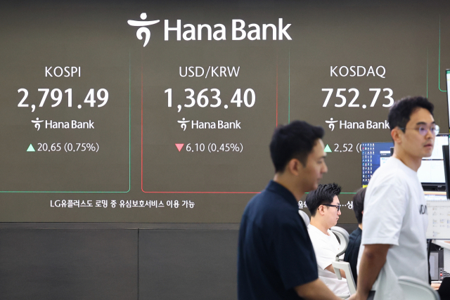 5일 오전 서울 중구 하나은행 본점 딜링룸 현황판에 코스피, 원/달러 환율, 코스닥 지수가 표시돼 있다. 연합뉴스
