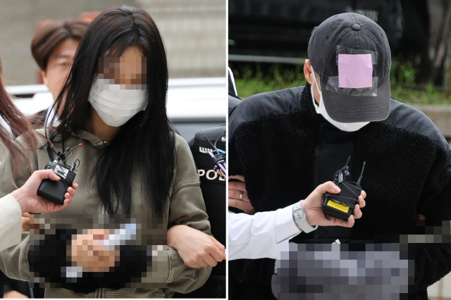 축구 국가대표팀 주장 손흥민의 아이를 임신했다고 주장하며 손 씨에게 돈을 뜯어내려 한 20대 여성 양 모(왼쪽) 씨와 40대 남성 용 모 씨가 5월 17일 영장실질심사를 받기 위해 서울중앙지법에 들어서고 있다. 연합뉴스