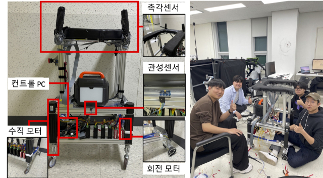 인공지능 보행 보조 로봇과 각 부분에 장착된 센서(왼쪽).사용자의 팔을 지지하는 부분에 촉각센서가, 워커 몸체에 관성센서가 부착돼 있다. 사진 제공=GIST
