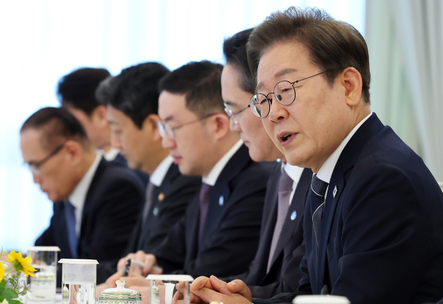 이재명 대통령이 13일 서울 용산 대통령실에서 열린 6경제단체·기업인 간담회에서 발언하고 있다. 연합뉴스