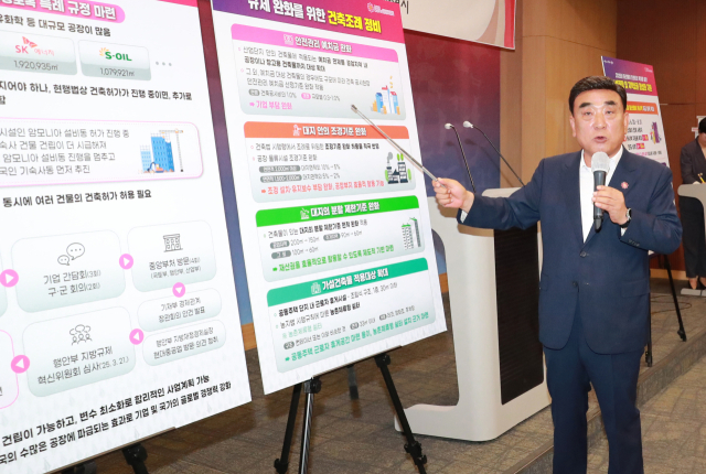 김두겸 울산시장이 17일 시청 프레스센터에서 기업 규제 완화를 위한 건축법 개정과 관련해 설명하고 있다. 사진제공=울산시