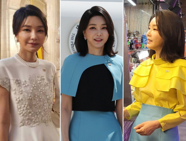 김건희 여사가 2022년 7월 스페인 마드리에서 첫 외교무대 데뷔했던 당시 옷차림. 7월 28일 스페인 마드리드 왕궁에서 열린 펠리페 6세 국왕부부 주최 만찬장, 7월 30일 마드리드 바라하스 국제공항, 스페인 마드리드 마라비야스 시장 내 한인교포 식료품점에서 김건희 여사 모습. 연합뉴스