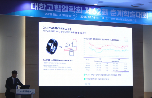 이병환 스카이랩스 대표가 지난달 열린 대한고혈압학회 제62회 춘계학술대회에서 반지형 혈압계에 대해 발표하고 있다. 사진 제공=대웅제약