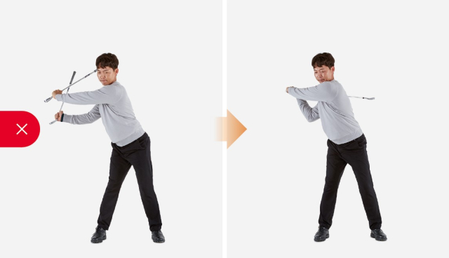 오른팔을 너무 많이 꺾으면 팔꿈치가 몸 뒤로 빠지기 쉽다.