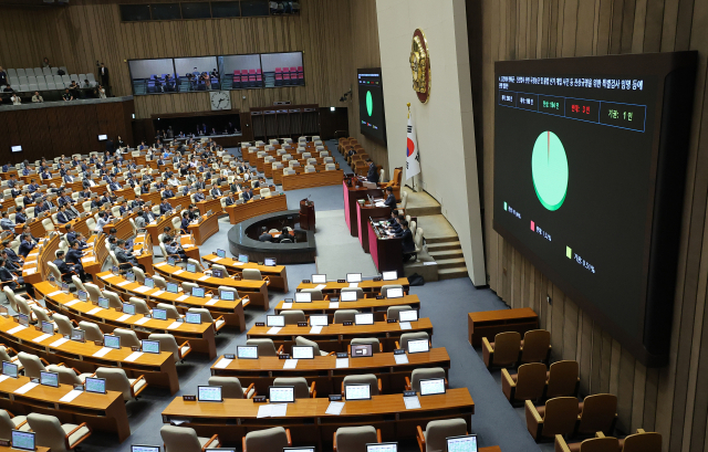 지난 5일 국회에서 열린 본회의에서 '김건희와 명태균·건진법사 관련 국정농단 및 불법 선거 개입사건 등 진상규명을 위한 특별검사 임명 등에 관한 법률안'이 통과되고 있다. 연합뉴스