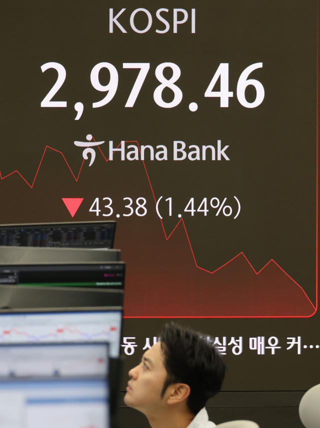23일 오전 서울 하나은행 본점 딜링룸에 코스피 지수가 표시돼 있다. 연합뉴스