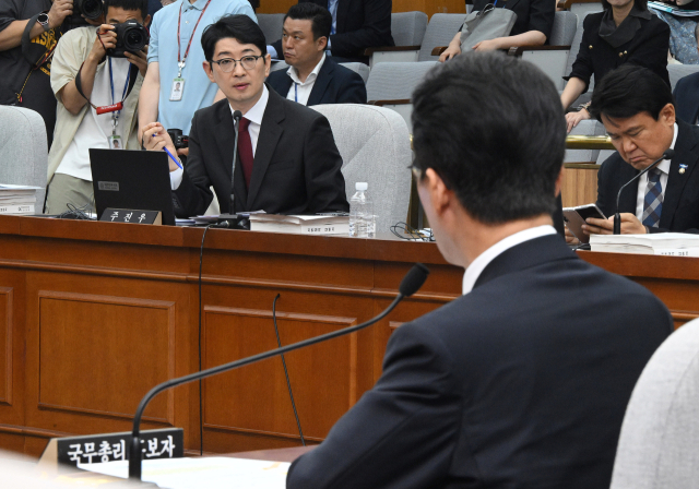 주진우 국민의힘 의원이 24일 국회에서 실시된 김민석 국무총리 후보자에 대한 인사청문회에서 김 후부자에게 질의하고 있다. 오승현 기자 2025.06.24