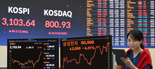 코스피 지수가 3년 9개월 만에 3100선을 회복하고, 코스닥 지수도 11개월 만에 장중 800선을 되찾았다. 24일 서울 여의도 한국거래소(KRX)에서 관계자가 주가지수 현황을 살펴보고 있다. 오승현 기자 2025.06.24