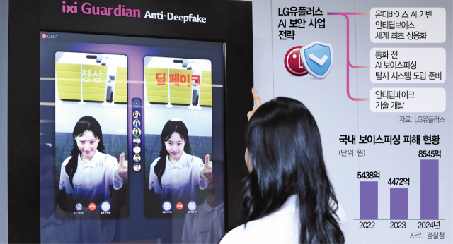 LG유플러스 모델이 26일 서울 중구 LG서울역빌딩에서 합성된 영상의 진위 여부를 파악할 수 있는 AI 기술인 안티딥페이크를 소개하고 있다.